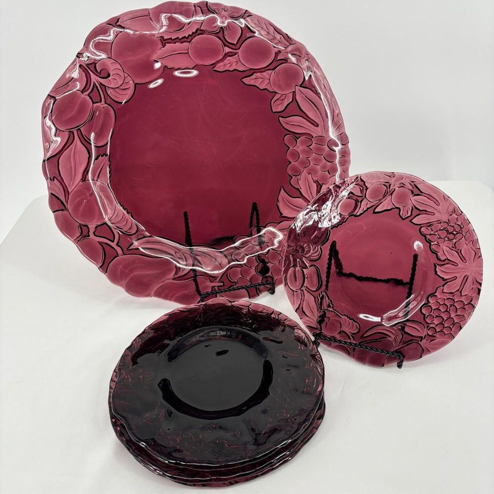 Vintage Italian Intaglio Amethyst Purple Glass Fruit Embossed Plate Platter 5pc
